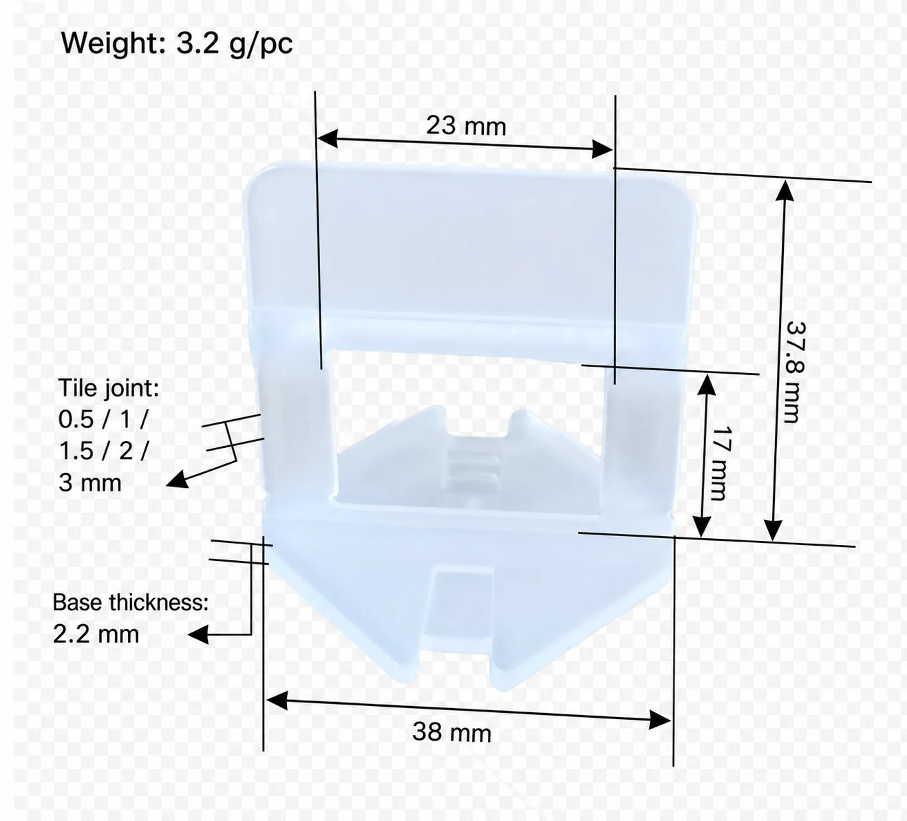 Professional tile leveling clip with dimensions