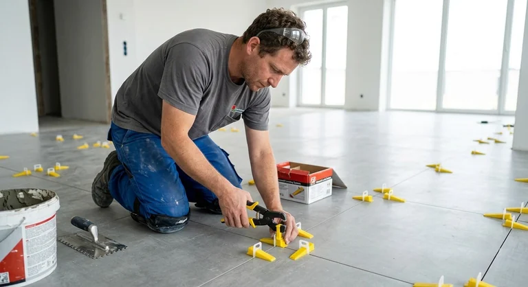 Tile installer using leveling pliers to tighten a wedge between large-format floor tiles.