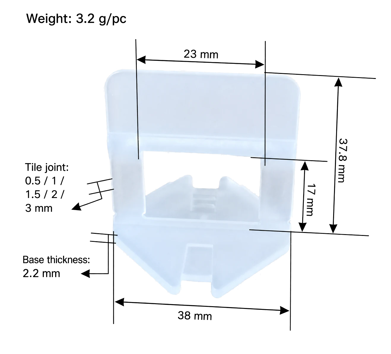 Professional tile leveling clip with dimensions