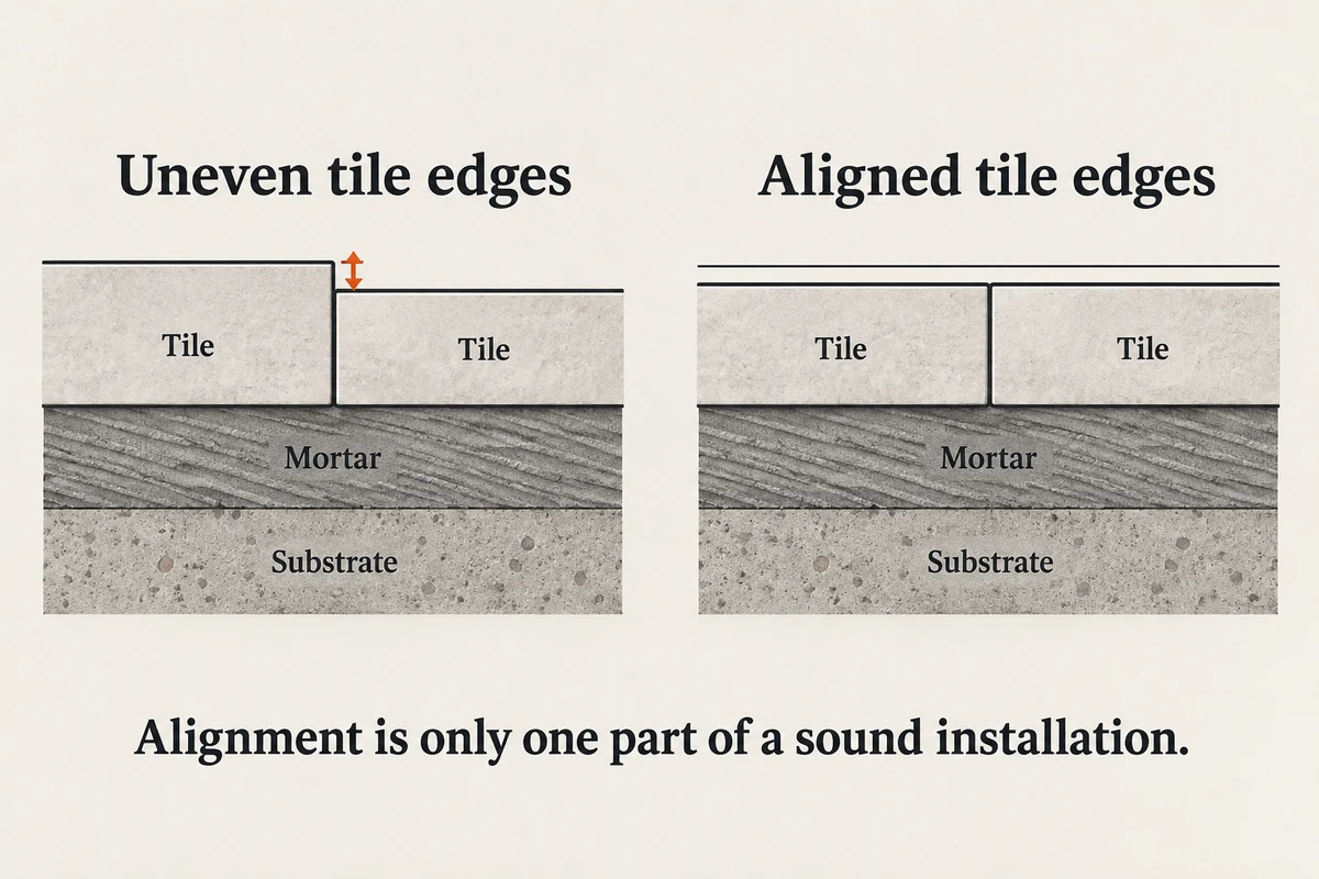 Cross-section illustration comparing uneven tile edges with adjacent edges aligned at the same height.