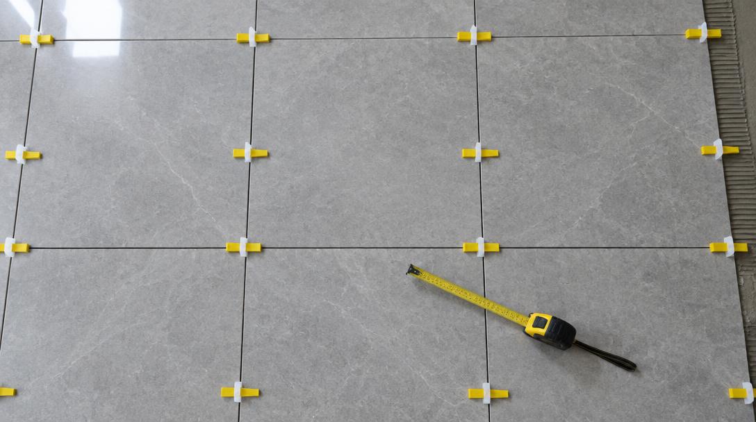Top-down view of a tiled floor with leveling clips and a tape measure. Illustration.