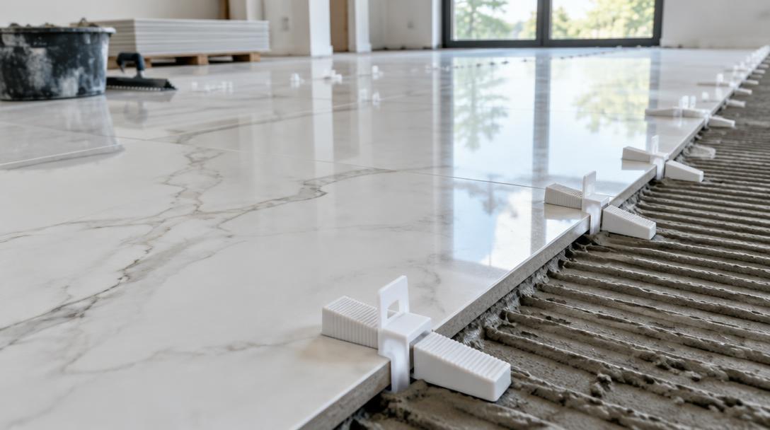 Large-format porcelain slabs being installed with leveling clips. Illustration.