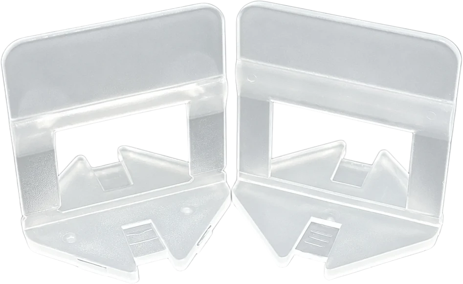 Two translucent tile leveling clips on a transparent background, showing the base plate, the upright body and the open window.