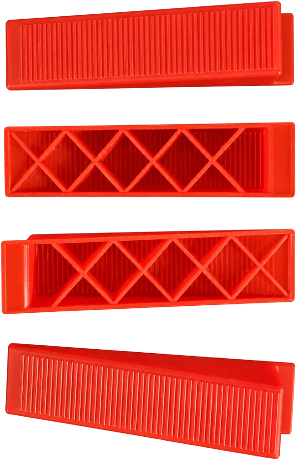 Four reusable wedges on a transparent background, alternating between the ribbed gripping face and the open triangular lattice on the underside.